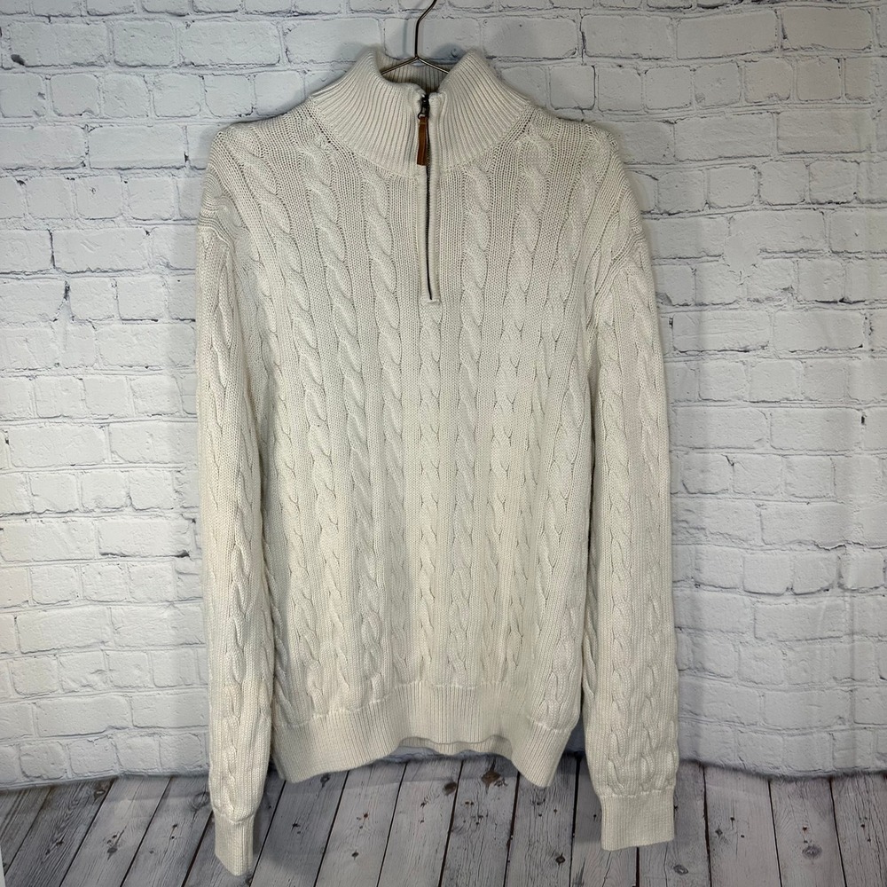 J.Crew Mens Cream White Cable Knit 100% Cotton Quarter Zip Sweater XL BL174